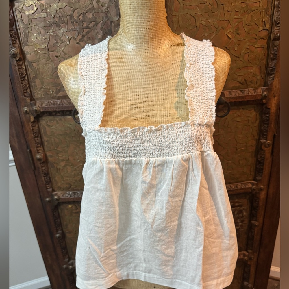Saks Fifth Avenue White Smocked Ruffled Tank Top L
